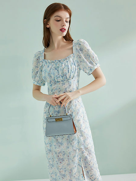 朗文斯汀女装品牌2021夏季法式复古碎花桔梗裙