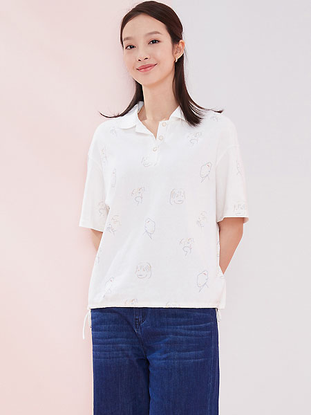 ClothScenery布景女装品牌2021夏季简约翻领印花直筒纯棉polo衫短袖上衣