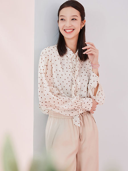 ClothScenery布景女装品牌2021夏季爱心印花方领系带宽松长袖雪纺衫衬衣