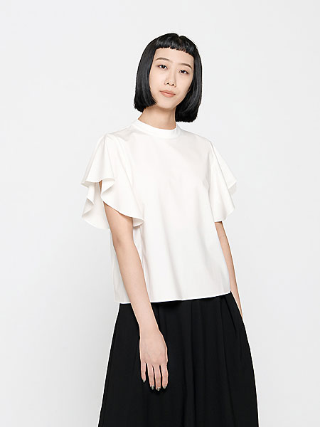 微奢零度女装品牌2021夏季甜美针织弹力荷叶袖纯色短袖T恤