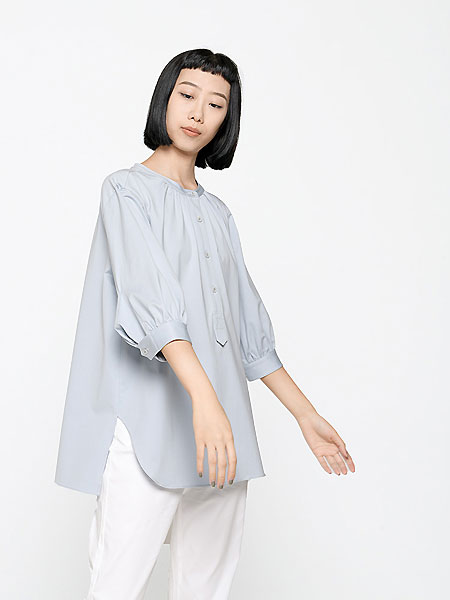 微奢零度女装品牌2021夏季纯色休闲日系圆领高支棉七分袖衬衫