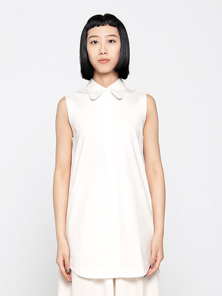 微奢零度女装品牌2021夏季无袖翻领免熨烫长款衬衫米白色