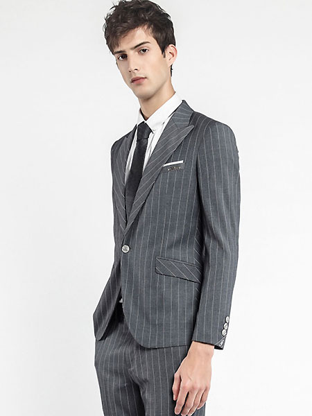 格度·佐致男装品牌2021夏季商务正装西服套装男士两件套修身灰色条纹戗驳领