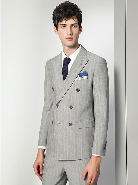 格度·佐致男装品牌2021夏季灰色双排扣条纹商务西服套装男士两件套修身西装裤