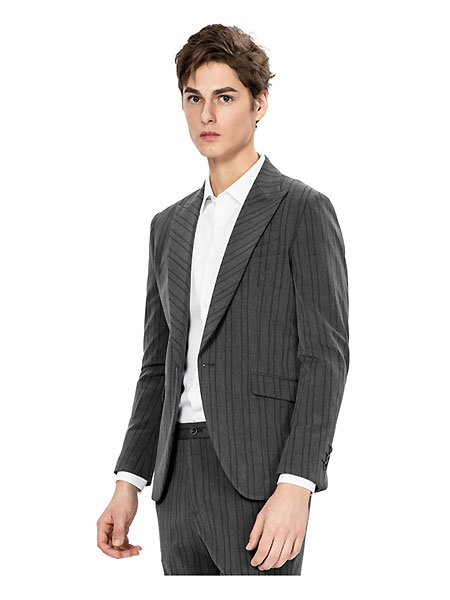 格度·佐致男装品牌2021夏季条纹休闲商务正装西服套装男士修身灰色