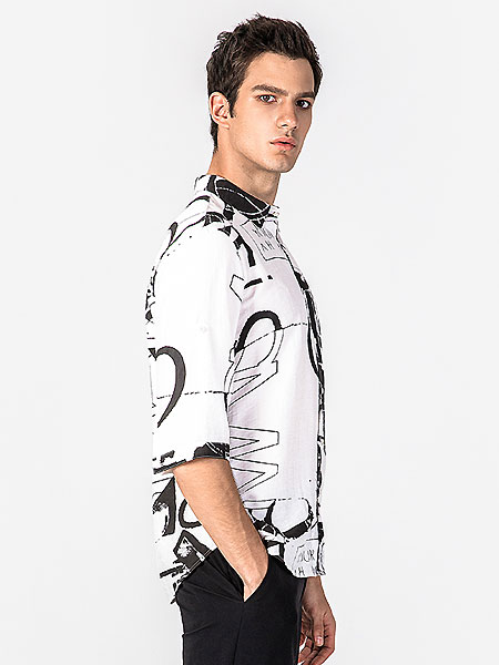 格度·佐致男装品牌2021夏季中袖衬衫男修身印花休闲字母