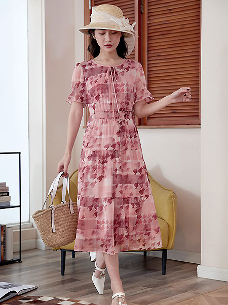 歌蒂诗女装品牌2021夏季气质优雅系带领口收腰显瘦连衣裙