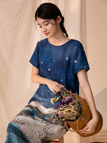 依伽依佳女装品牌2021夏季复古气质文艺苎麻修身中长裙