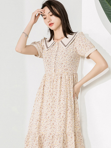 依贝奇女装品牌2021夏季小碎花气质韩版收腰显瘦温柔气质风长裙