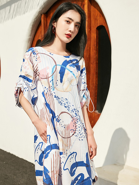 慧兰女装品牌2021夏季气质短袖印花显瘦碎花裙子
