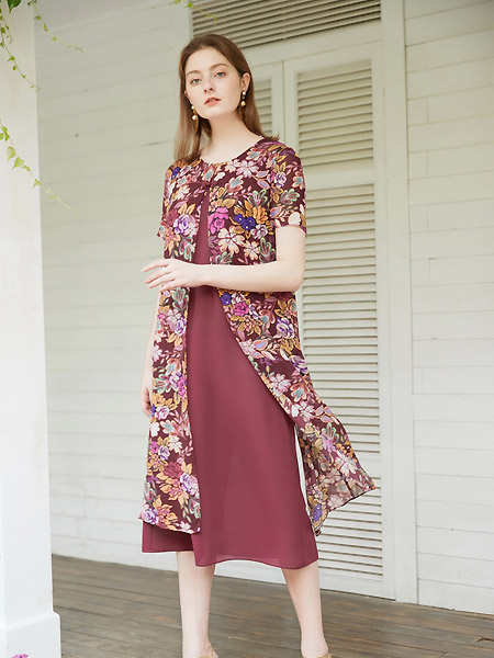 沐兰 - MORELINE女装品牌2021夏季中式假两件印花连衣裙女士短袖宽松妈妈中长裙