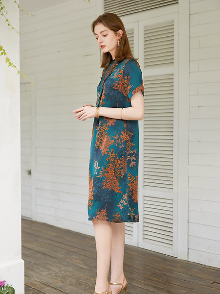沐兰 - MORELINE女装品牌2021夏季复古立领连衣裙印花裙子女士短袖小个子宽松优雅