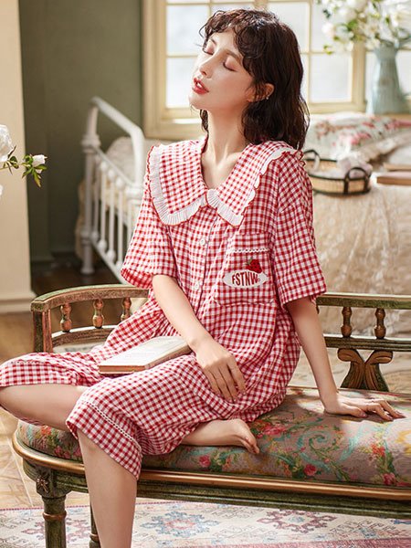宫蝶内衣品牌2021夏季纯棉短袖公主风格子薄款套装