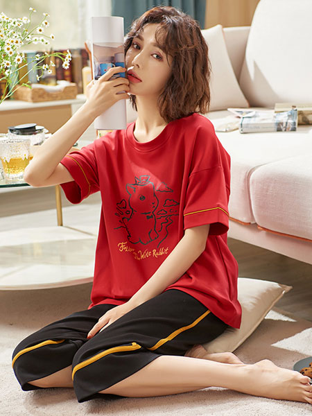宫蝶内衣品牌2021夏季薄款红色短袖套装休闲七分裤家居服
