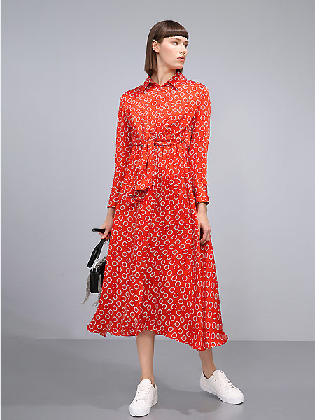 卡汶女装品牌2021夏季红色印花连衣裙女长袖醋纤系带气质衬衫裙