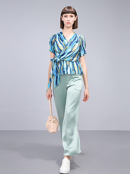 卡汶女装品牌2021夏季湖水蓝衬衫女短袖法式小众设计感系带上衣