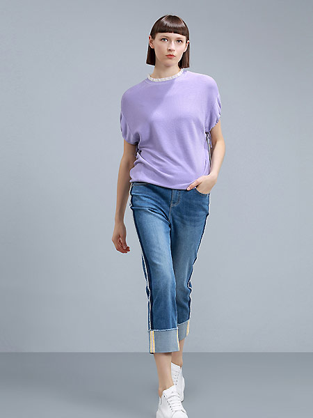 卡汶女装品牌2021夏季紫色短袖T恤女夏落肩上衣冰丝套头针织衫