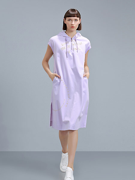 卡汶女装品牌2021夏季紫色连帽休闲活力短袖连衣裙女宽松卫衣裙