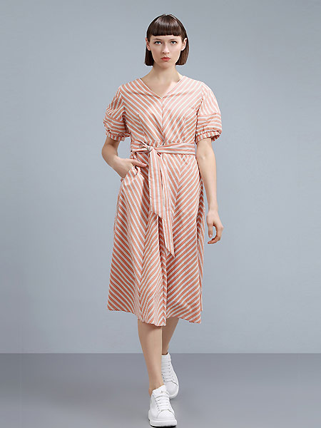 卡汶女装品牌2021夏季条纹撞色短袖连衣裙女系带设计感小众裙子