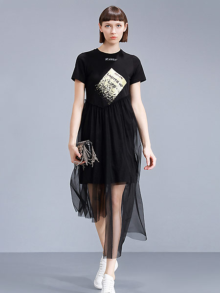卡汶女装品牌2021夏季短袖连衣裙女假两件黑色网纱拼接t恤裙子