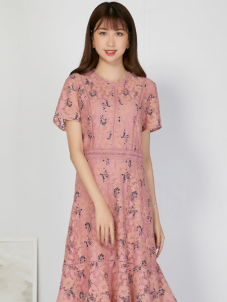 UMISKY优美世界女装品牌2021夏季气质蕾丝印花短袖连衣裙