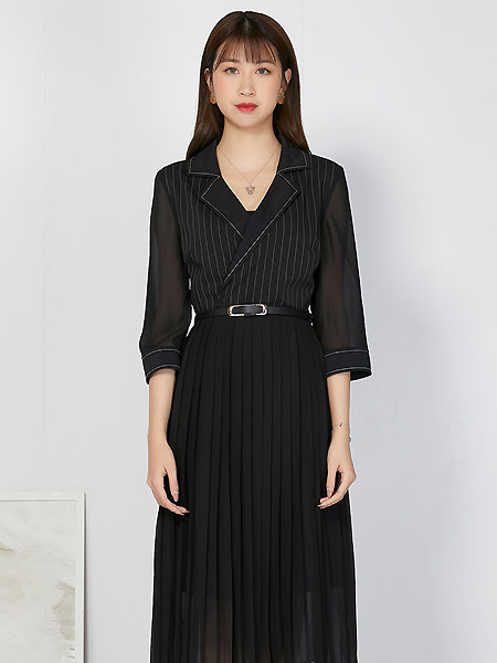 UMISKY优美世界女装品牌2021夏季西装领条纹假两件连衣裙