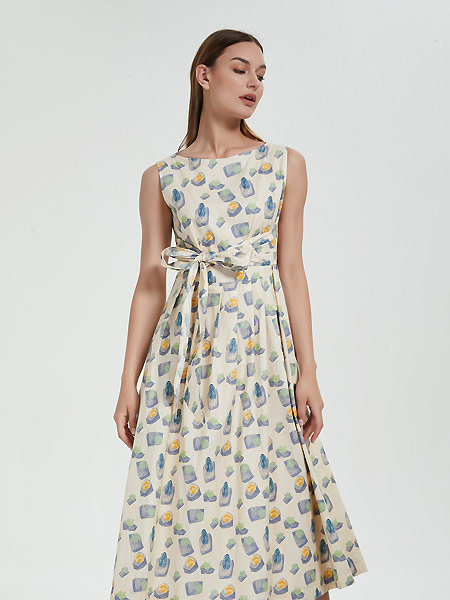 犁人坊女装品牌2021夏季式复古系带中长款气质显瘦裙子