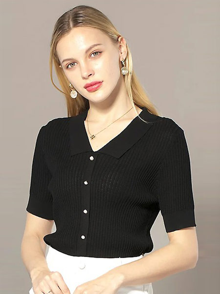 芭黎朵女装品牌2021春夏V领显瘦黑色针织衬衣