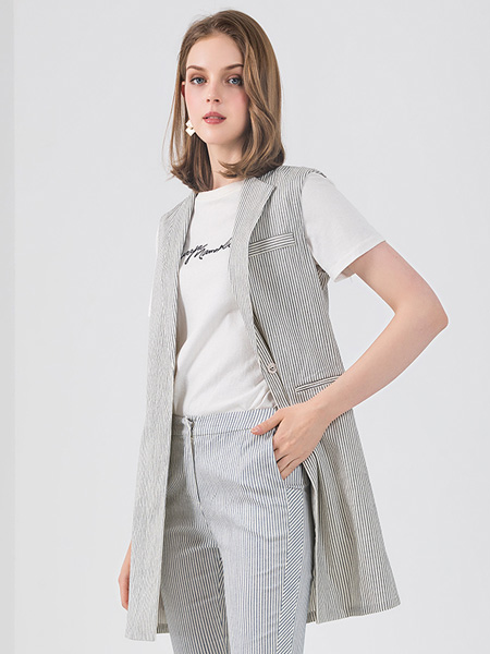 名师路女装品牌2021夏季新款通勤简约条纹夏季无袖西装领马甲外套