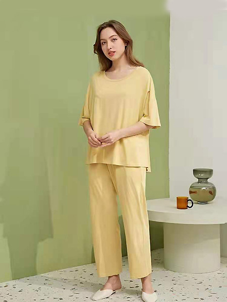 康丽妍休闲品牌2021夏季黄色短袖休闲睡衣