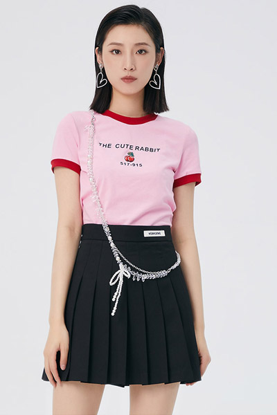 LOFT SHINE女装品牌2021夏季新品圆领撞色粉红色休闲短袖T恤女潮