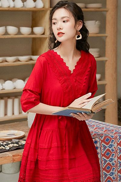 joy speaker桔尚女装品牌2021夏季新款红色宽松显瘦收腰蕾丝裙