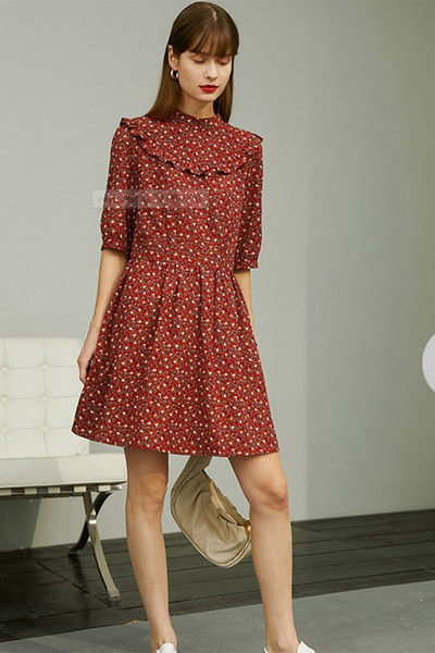 veraveins女装品牌2021夏季新款复古五分袖立领中长款裙子