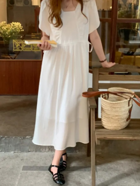 joy speaker桔尚女装品牌2021夏季小清新白色连衣裙