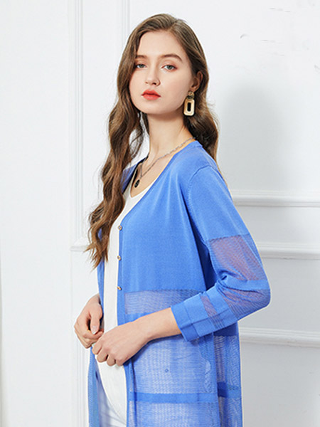雅意娜菲女装品牌2021夏季蓝色冰丝外套