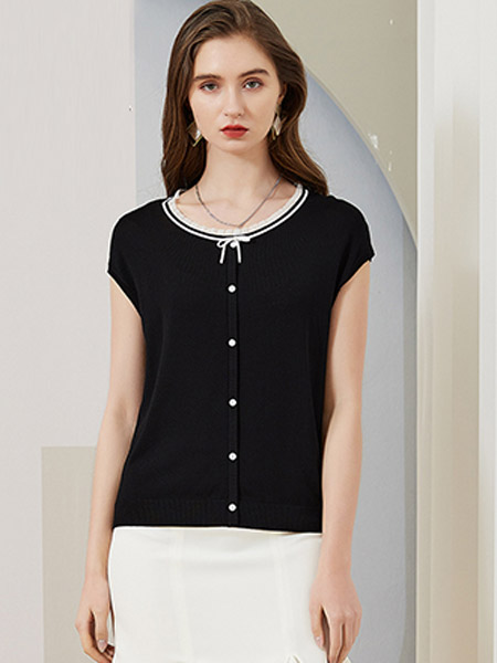 雅意娜菲女装品牌2021夏季黑色收腰衬衫