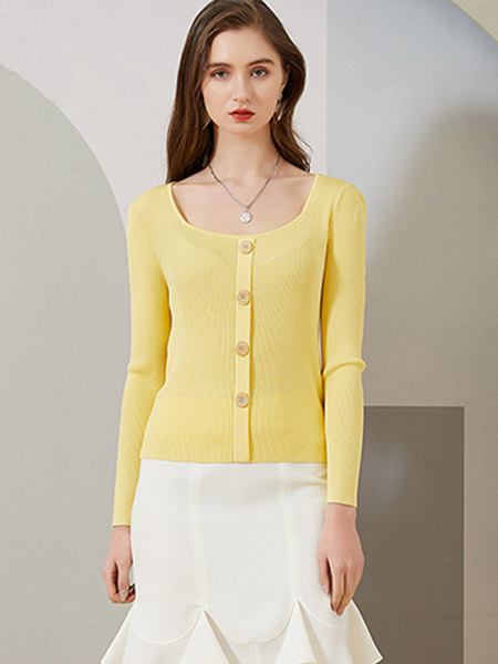 雅意娜菲女装品牌2021夏季黄色长袖衬衫