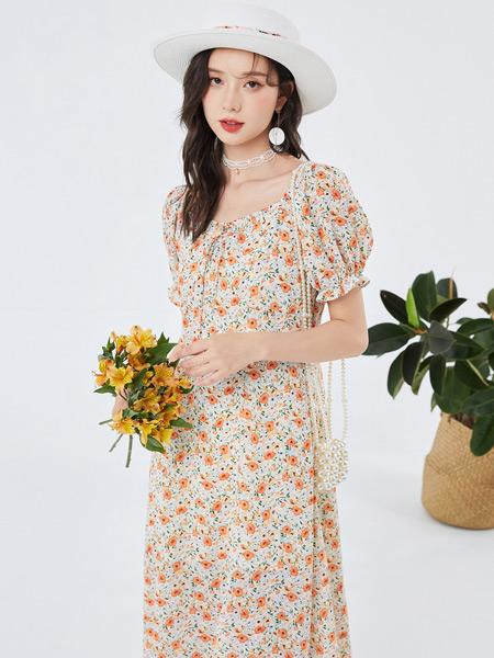 NEELLY纳俪女装品牌2021夏季新款夏季方领桔梗裙甜美连衣裙