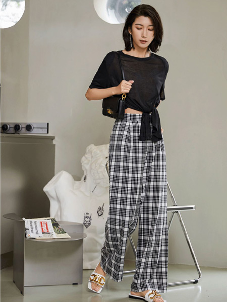 YXZ尤西子女装品牌2021春夏巨显瘦黑白格子裤