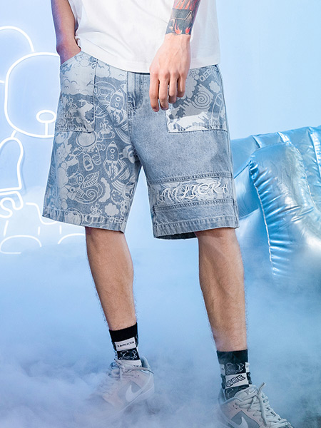 LAMLICKA男裝品牌2021夏季涂鴉牛仔五分短褲男潮牌寬松嘻哈情侶5分褲
