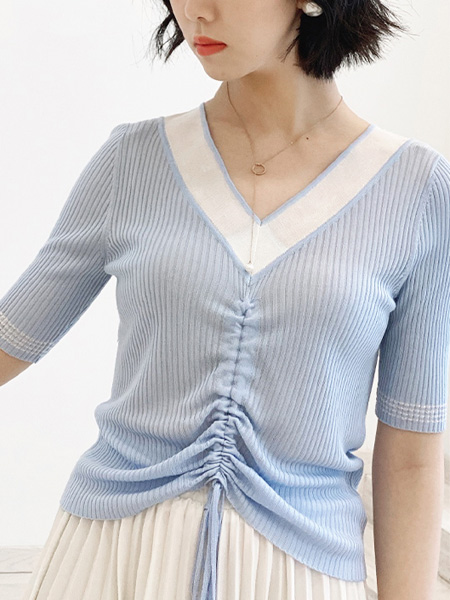 嘉禾利莎女装品牌2021夏季冰丝抽绳长袖女上衣针织衫