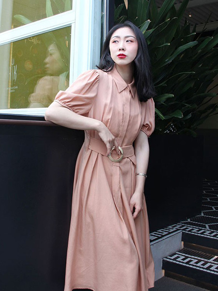木子唧/bayekeke女装品牌2021夏季纯色收腰连衣裙