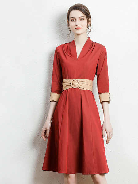 巴达莉女装品牌2021春夏新款冷淡风高腰系带大摆显瘦气质女神范名媛砖红色连衣裙