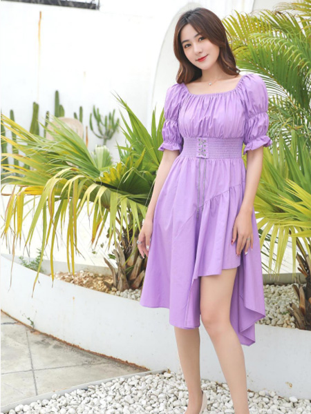 艾斯嘉女装品牌2021夏季修身收腰紫色连衣裙