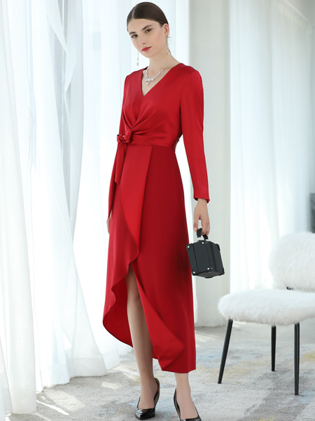 卡米莉亚Camilliar 私人定制女装品牌2021夏季红色收腰气质连衣裙