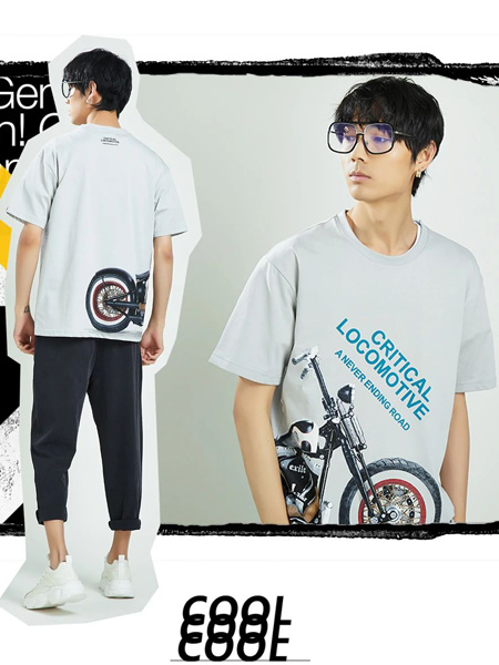 EC男装品牌2021夏季街头风哈雷摩托车印花T恤