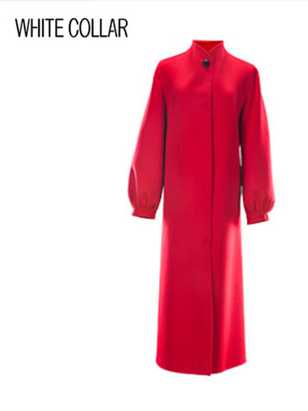 白领女装品牌2021秋冬红色羊毛双面立领灯笼袖暗门襟长羊毛大衣