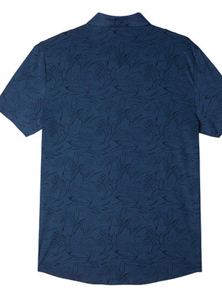 圣得西男装品牌2021春夏新款深蓝花纹印花弹力休闲短袖衬衫