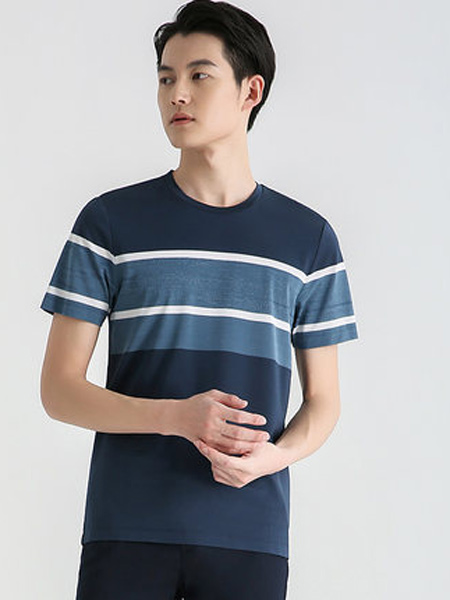 圣得西男装品牌2021春夏新款时尚撞色条纹天丝圆领短袖T恤