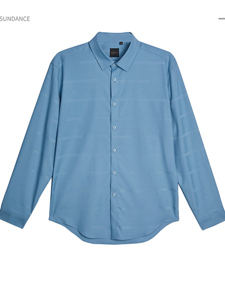 圣得西男装品牌2021春夏新款男士湖蓝色提花弹力长袖休闲衬衣